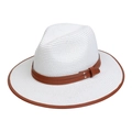 White straw fedora hat with dark brown leather band and metallic rivet accents - M (56-57cm) / White