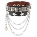 Detail of PU leather punk bracelet with metal studs, stars and layered hanging chains - Dark Brown Chain