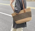 Woven straw tote bag with black stripes and brown leather straps for summer vacations - Black Leather Strap/Striped / Khaki