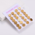 Set of gold stainless steel smiley face stud earrings on a display card - 12 Pairs/Card / Gold
