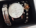 Men's quartz watch and bracelet set with leather strap and crown bead in a gift box - White Dial Black Strap