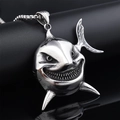 Men's stainless steel shark head pendant necklace with brushed silver finish on black stand - Shark Head Pendant (D0108)