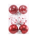 6pcs red Christmas balls set with glitter and tinsel ornaments in a clear box - 6cm / Red