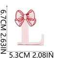 Detailed size view of pink bow embroidered letter L patch showing 6.7cm by 5.3cm dimensions - Bow Alphabet Letter L
