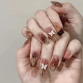 Brown gradient long coffin press-on nails with rose patterns and 3D white butterflies - R678 Retro Butterfly / Nail Glue Version