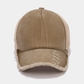Detailed close-up of distressed khaki trucker hat with vintage torn brim and mesh back - Adjustable / Khaki
