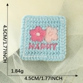 Light blue square knit patch with pink embroidered flowers and Happy text detail - Blue Square Happy