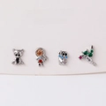 Lot de boucles d'oreilles animaux et fille dessin animé avec oxydes de zirconium colorés - Styles de Dessins Animés Mixtes (Ensemble de 4) / Platine