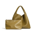 Olive green woven tote bag set with matching zippered clutch in premium faux leather - Mustard Green
