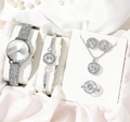 5pcs silver women's quartz watch set with sparkling rhinestones and matching jewelry - Silver White (Watch/Necklace/Bracelet/Earrings/Ring) [Gift Box]