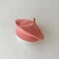Pink knitted beret for infants, soft wool crochet artist hat displayed on a stand - Watermelon Pink