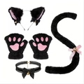 Black cat cosplay set featuring plush ears, paw gloves with pink pads, collar, and tail - Black Fur with Pink Inner + Choker + Gloves + Tail