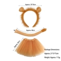 Three-piece lion costume for kids with headband, tail and tutu showing detailed dimensions - Lion Ears Headband + Tail + Light Brown Tutu Skirt