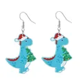 Dettaglio degli orecchini a dinosauro blu in acrilico con cappello di Natale e albero - Dinosauro Blu con Albero di Natale