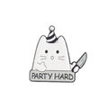 Funny cartoon cat enamel pin with knife and party hat wearing 'Party Hard' banner - Party Cat
