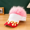 Novelty sun visor with pink wig hair and red flame embroidery on a stylish base - White + Pink Hair