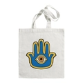 White canvas tote bag featuring Hamsa hand and blue Evil Eye print with long handles - Hamsa Hand A