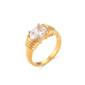Retro 18K gold plated stainless steel ring with oval zircon and ribbed texture band - US 6 / Transparent/White Zirconia