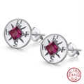 S925 sterling silver compass stud earrings with square red gemstone for women - Rose Square Compass - Silver