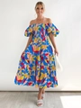 Detail of off-shoulder floral midi dress with tiered skirt and vibrant print pattern - Blue with Red and Yellow Flowers