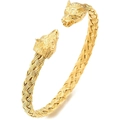 Men's vintage golden braided stainless steel cuff bracelet with detailed wolf head ends - Gold Wolf Head (KB97926-K)