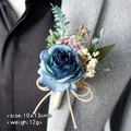 Wedding boutonniere with vintage blue rose, purple florals and gold ribbon on suit - Haze Blue
