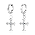 Detailed close-up of silver cross pendant earrings with sparkling clear zircon stones - Steel Color Cross Earrings A
