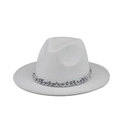 Close-up of white felt fedora hat featuring a marble textured link chain band - White