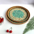 Handcrafted rattan nesting trays with turquoise mosaic inlay pattern, 2-piece set - Peacock Green Leaves / 2-Piece Set