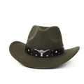 Close-up of olive green wool felt cowboy hat with gold studs and silver bull head emblem - M (56-59cm) / Army Green Rivets