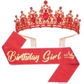 Birthday Queen set with red rhinestone crown tiara and gold glitter sash headband - Red Gold Classic (Girl)(3)
