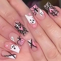 Pink Halloween press-on nails featuring ghost and spider web designs for women - Halloween Ghost Spider Web Style - Glue (Y-400)