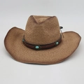 Bohemian style woven western cowboy straw hat with turquoise leather band and chin strap - One Size (Gradient) / Camel (With Turquoise Windproof Rope)