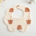 360-degree rotating petal baby bib in cream cotton with brown cartoon bear pattern - Gauze Flower Scarf - Big Head Bear