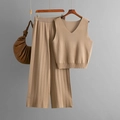 Women's summer knitted set with V-neck sleeveless top and high waist wide leg pants in camel - One Size / Khaki