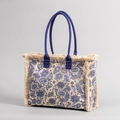 Bohemian canvas tote bag with blue paisley pattern and beige fringe trim detail - Blue Paisley