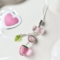 Ciondolo per cellulare con fragola rosa e fiocco in perle acriliche e catena argentata - Fragola Rosa