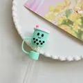 Mint green silicone straw cover with a cute boba tea design for 10mm straws - Green Milk Tea / 10mm-Individual Package