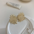 Detailed close-up of golden irregular square earrings with woven texture on a white lid - 17# Gold Woven Texture Square Earrings (17# Silver Earring Post-Gold)