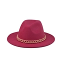 Detail of magenta felt fedora hat featuring a wide flat brim and pink chain link strap - Rose Red(06)