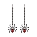 Halloween drop earrings featuring a black spider design with red pear-shaped gemstones - Long Chain Spider Style