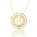 Golden round necklace pendant with letter H and sparkling white cubic zirconia stones - Gold Letter-H