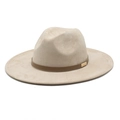 Classic beige faux suede fedora hat with a brown leather band and gold buckle detail - M (56-58cm) / Beige