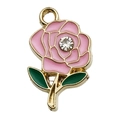 Pink enamel rose pendant with green leaf and sparkling rhinestone in gold setting - 1Pc Rose with Rhinestone 11x18mm