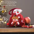 Red linen Christmas gift bag with 3D plush snowman and snowflake patterns - White Trim Burlap Drawstring Bag Snowman