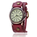 Retro quartz watch with bronze Roman dial and wide burgundy leather strap with studs - Red