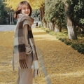 Plaid rainbow scarf in brown and cream tones with fringes on ginkgo leaf background - Coffee Purple