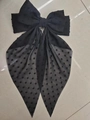 Oversized black hair bow clip with velvet polka dots and long sheer streamers - Polka Dot Black