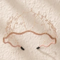 Golden bridal headband with pink crystal beads and hand-woven wire leaf design - Gold
