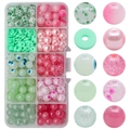 DIY jewelry kit with green and pink gradient glass beads in a 10-compartment storage box - Mixed 5 Spring Breeze approx 200pcs